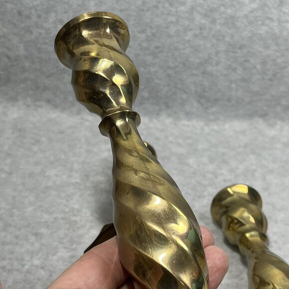 Vtg Solid Brass Spiral Swirl Twist Candlestick Holders Set of 3 Made In India - Picture 11 of 16